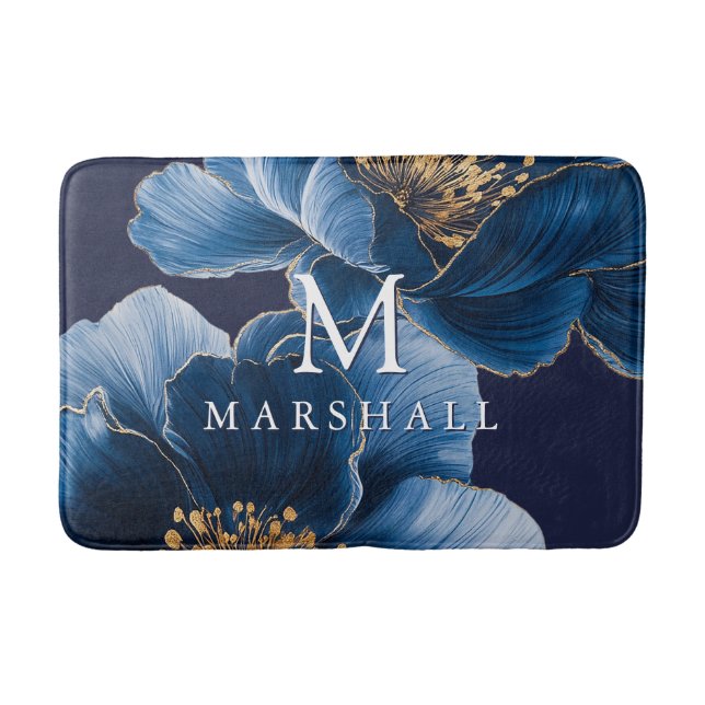 Navy Blue Gold Moderne Floral Monogram Familie Nam Badematte (Vorderseite)
