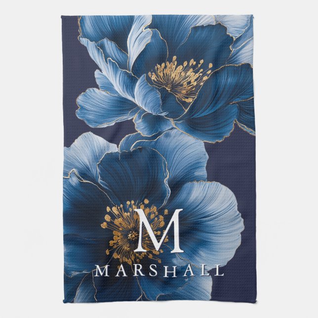 Navy Blue Gold Moderne Floral Monogram Familie Nam Geschirrtuch (Vertikal)
