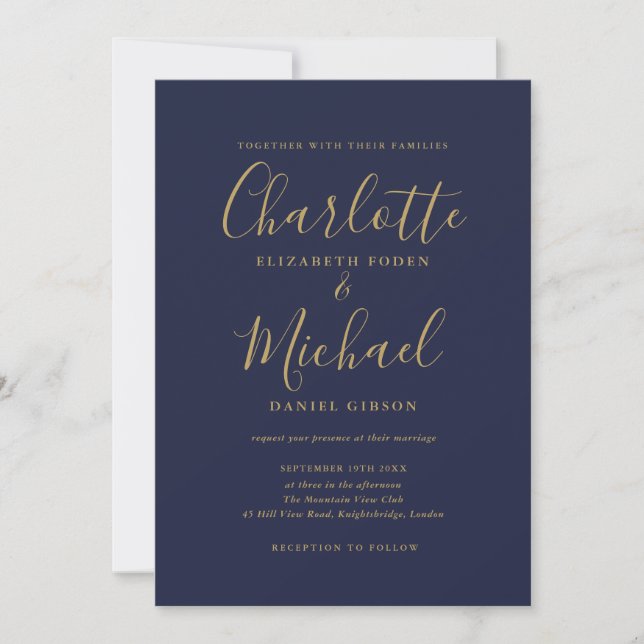 Navy Blue Gold Moderne Minimalistische Hochzeit Einladung (Vorderseite)