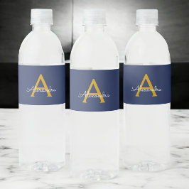 Navy Blue Gold Moderne Script Girl Monogram Name