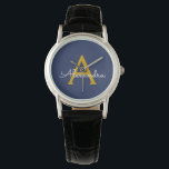 Navy Blue Gold Moderne Script Girl Monogram Name Armbanduhr<br><div class="desc">Navy Blue und Gold Simple Script Monogram Name Watch. Dies macht den perfekten Abschluss,  Geburtstag,  Hochzeit,  Brautparty,  Jubiläum,  Babydusche oder Junggeselinnen-Abschied Geschenk für jemanden,  die Lieben glamourösen Luxus und schicke Stile.</div>