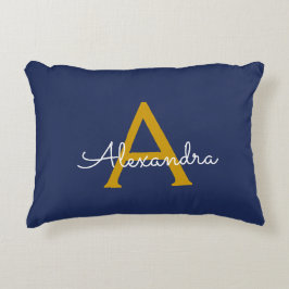Navy Blue Gold Moderne Script Girl Monogram Name Dekokissen