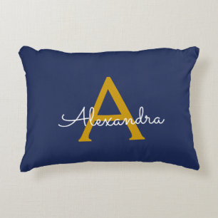 Navy Blue Gold Moderne Script Girl Monogram Name Dekokissen