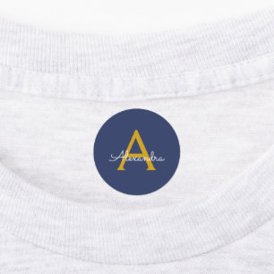 Navy Blue Gold Moderne Script Girl Monogram Name Etiketten