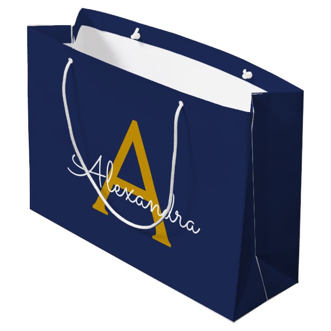 Navy Blue Gold Moderne Script Girl Monogram Name Große Geschenktüte (Rückseite Schrägansicht)
