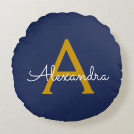 Navy Blue Gold Moderne Script Girl Monogram Name Rundes Kissen