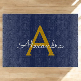 Navy Blue Gold Moderne Script Girl Monogram Name Schneidebrett