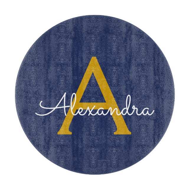 Navy Blue Gold Moderne Script Girl Monogram Name Schneidebrett (Vorderseite)