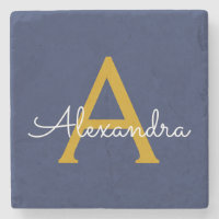 Navy Blue Gold Moderne Script Girl Monogram Name