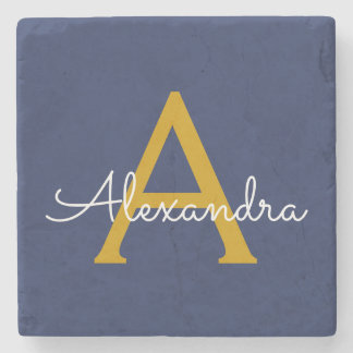 Navy Blue Gold Moderne Script Girl Monogram Name Steinuntersetzer