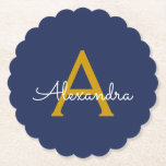 Navy Blue Gold Moderne Script Girl Monogram Name Untersetzer<br><div class="desc">Navy Blue und Gold Simple Script Monogram Name Paper Untersetzer. Dies macht den perfekten Abschluss,  Geburtstag,  Hochzeit,  Brautparty,  Jubiläum,  Babydusche oder Junggeselinnen-Abschied Geschenk für jemanden,  die Lieben glamourösen Luxus und schicke Stile.</div>