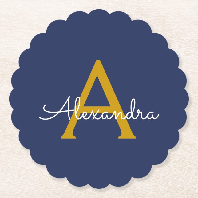 Navy Blue Gold Moderne Script Girl Monogram Name Untersetzer (Vorderseite)
