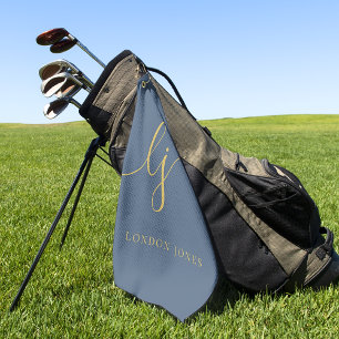 Navy Blue Gold Moderne Script Monogram Name Elegan Golfhandtuch