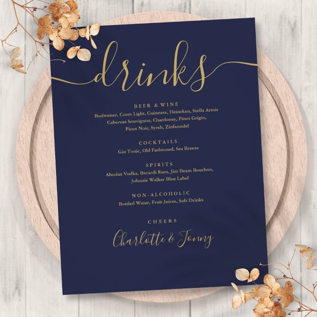 Navy Blue Gold Moderne Skript Wedding Drinks Menü (Navy Blue Gold Modern Script Wedding Drinks Menu Flyer)