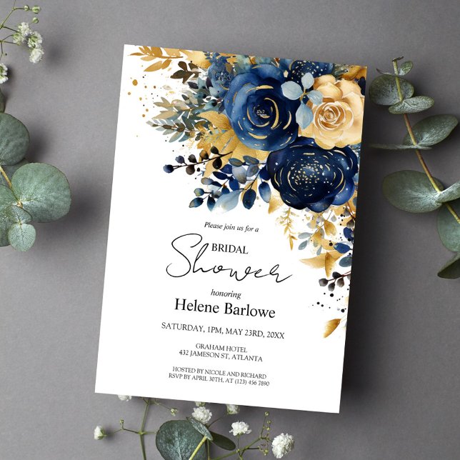 Navy Blue Gold Modernes Brautparty Einladung (Navy Blue Gold Modern Floral Bridal Shower Invitation)