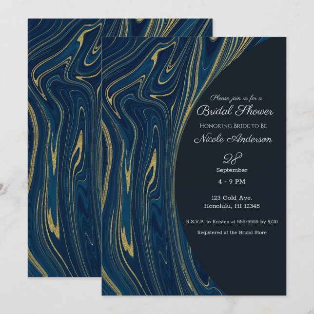 Navy Blue & Gold Modernes Glam-Marmor-Brautparty Einladung (Vorne/Hinten)