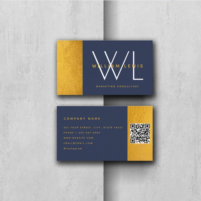 Navy Blue Gold Monogram Modern Minimalistisch QR C Visitenkarte (Von Creator hochgeladen)