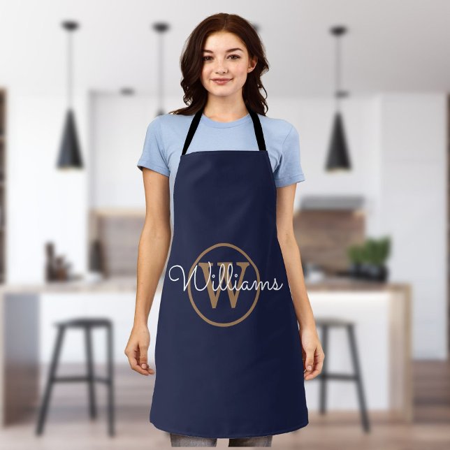 Navy Blue Gold Monogram Script Name Schürze (Von Creator hochgeladen)