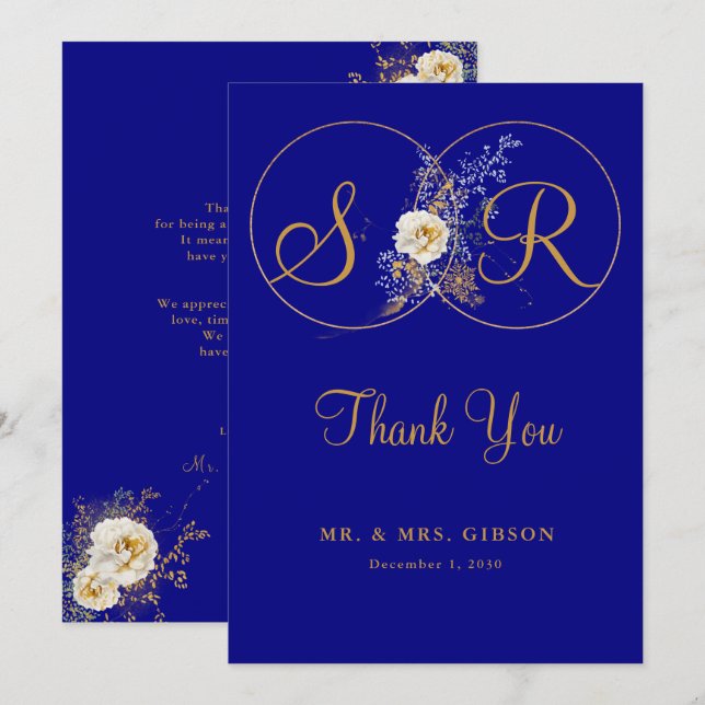 Navy Blue Gold Monogram Wedding Dankeschön Card (Vorne/Hinten)