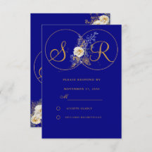 Navy Blue Gold Monogram Wedding RSVP Card