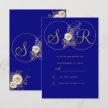 Navy Blue Gold Monogram Wedding RSVP Card