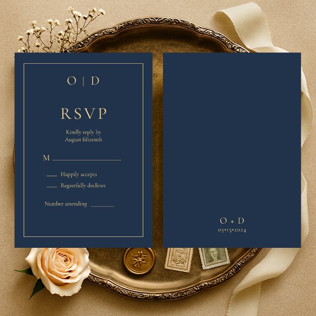 Navy Blue Gold Monogram Wedding RSVP  Karte (Von Creator hochgeladen)