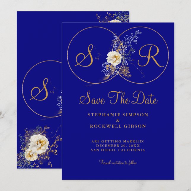 Navy Blue Gold Monogram Wedding Save the Date (Vorne/Hinten)