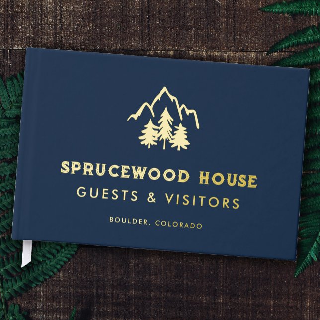 Navy Blue Gold Mountains Pines BnB Miete Kabine Gästebuch (Von Creator hochgeladen)