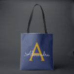Navy Blue Gold Name Giro Script Monogram Modern Tasche<br><div class="desc">Navy Blue und Gold Elegant Fügen Sie Ihren eigenen Namen Monogram Book Bag. Diese Büchertasche kann auf Ihren Vor- und Vornamen angepasst werden und als Geschenk für Weihnachten,  Geburtstag,  Brautparty oder Hochzeit.</div>