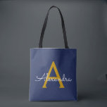 Navy Blue Gold Name Giro Script Monogram Modern Tasche<br><div class="desc">Navy Blue und Gold Elegant Fügen Sie Ihren eigenen Namen Monogram Book Bag. Diese Büchertasche kann auf Ihren Vor- und Vornamen angepasst werden und als Geschenk für Weihnachten,  Geburtstag,  Brautparty oder Hochzeit.</div>