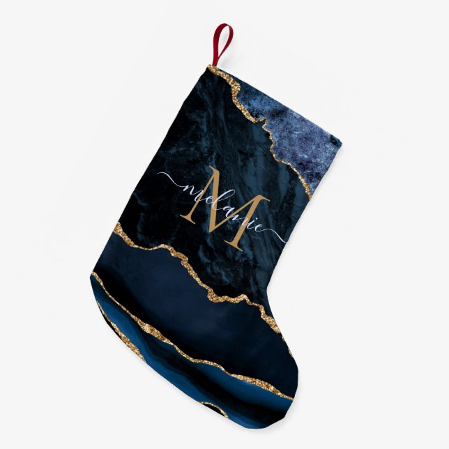 Navy Blue Gold Name Letter Weihnachten Strumpf Kleiner Weihnachtsstrumpf (Vorderansicht (hängend))