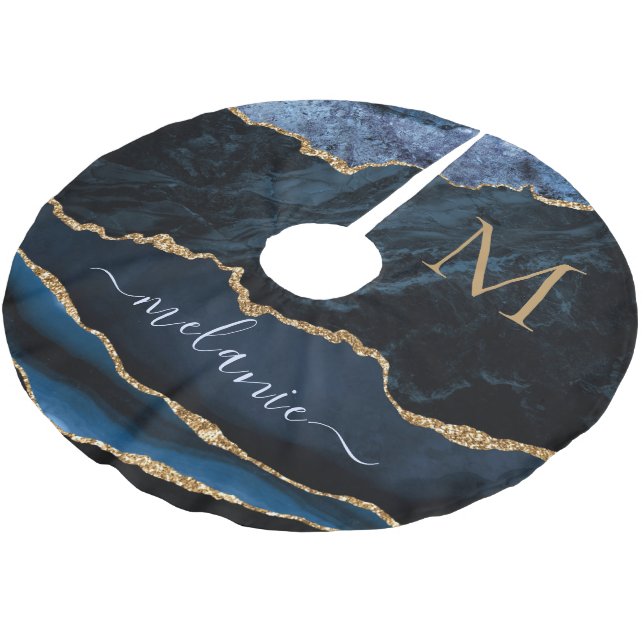 Navy Blue Gold Name Letter Weihnachtsbaum Rock Polyester Weihnachtsbaumdecke (Schrägansicht)