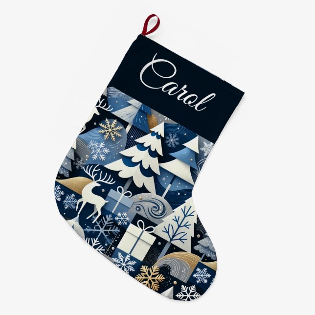 Navy Blue Gold Nordic Christmas Forest Pattern Großer Weihnachtsstrumpf (Vorderansicht (hängend))