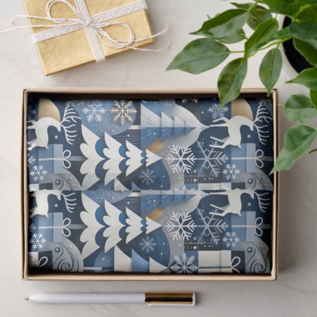 Navy Blue Gold Nordic Christmas Forest Pattern Seidenpapier (Geschenk)