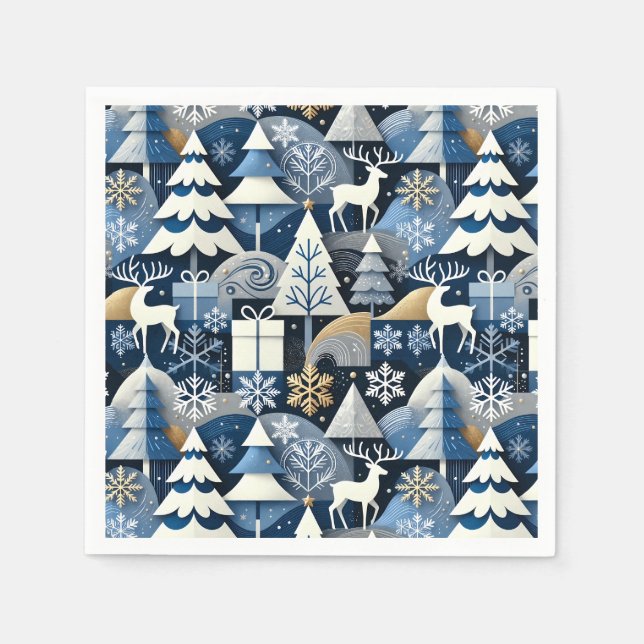 Navy Blue Gold Nordic Christmas Forest Pattern Serviette (Vorderseite)