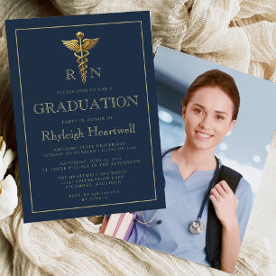 Navy Blue Gold Nurse RN Foto Graduation Party Einladung