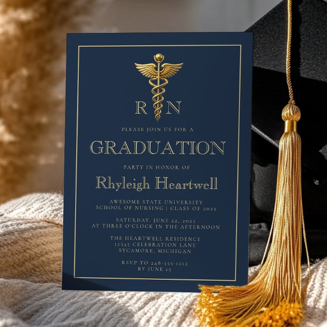 Navy Blue Gold Nurse RN Graduation Party Einladung (Von Creator hochgeladen)