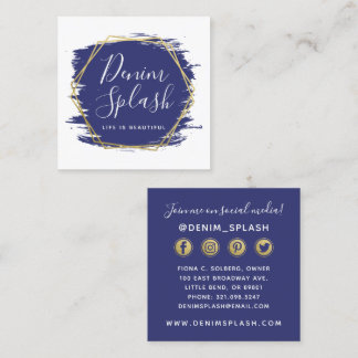 Navy Blue & Gold Paint Stroke Social Networks Quadratische Visitenkarte