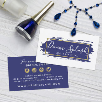 Navy Blue & Gold Paint Stroke Social Networks Visitenkarte