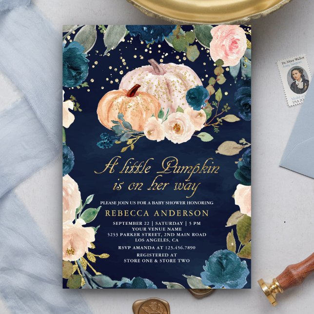 Navy Blue Gold Peach Floral Pumpkin Baby Dusche Einladung (Von Creator hochgeladen)