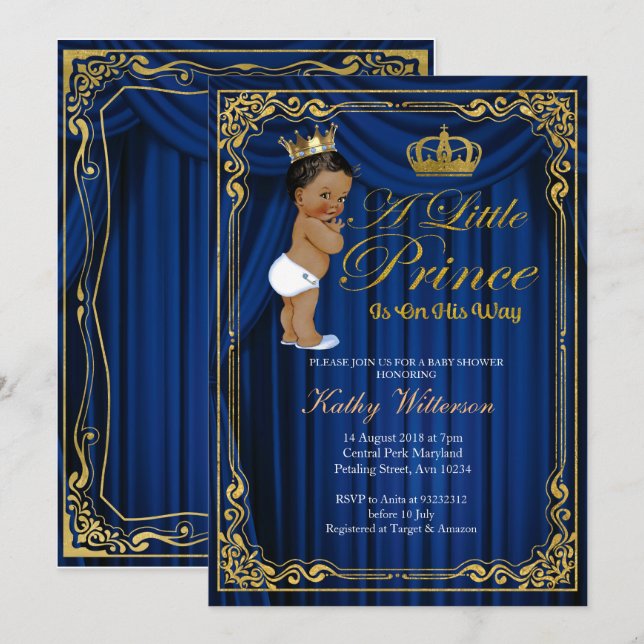 Navy Blue Gold Prince Ethnic Baby Dusche einladen Einladung (Vorne/Hinten)