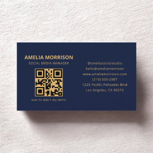Navy Blue Gold QR Code Minimalistisch Beruflich Visitenkarte