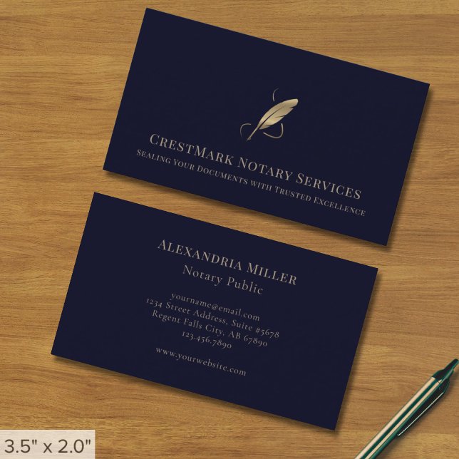 Navy Blue Gold Quill Logo Visitenkarte (Von Creator hochgeladen)