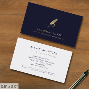 Navy Blue Gold Quill Logo Visitenkarte