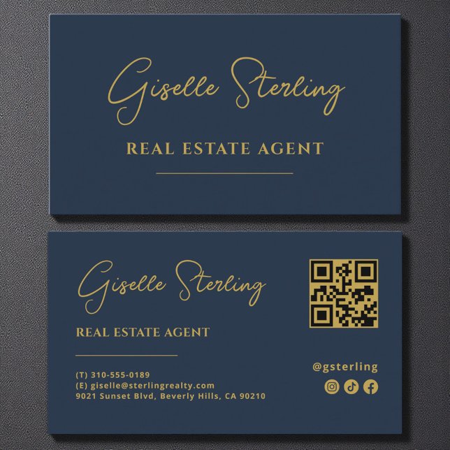Navy Blue & Gold Real Anwesen Agent QR Code Visitenkarte (Von Creator hochgeladen)