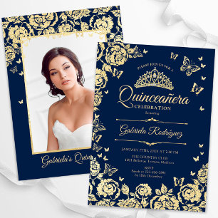 Navy Blue Gold Rose Schmetterlinge Quinceanera Fot Einladung