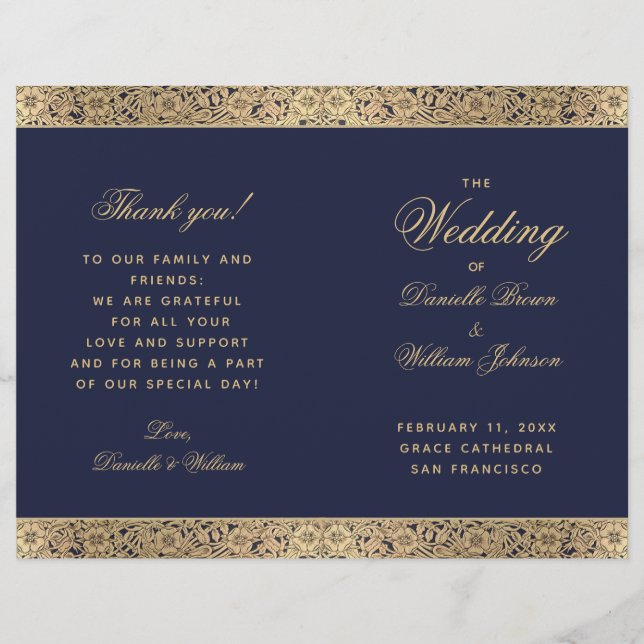 Navy Blue Gold Rose Vintag geflochtene Hochzeitska (Vorderseite)