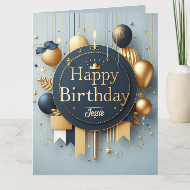 Navy Blue & Gold Royal Crown Happy Birthday Karte (Vorderseite)