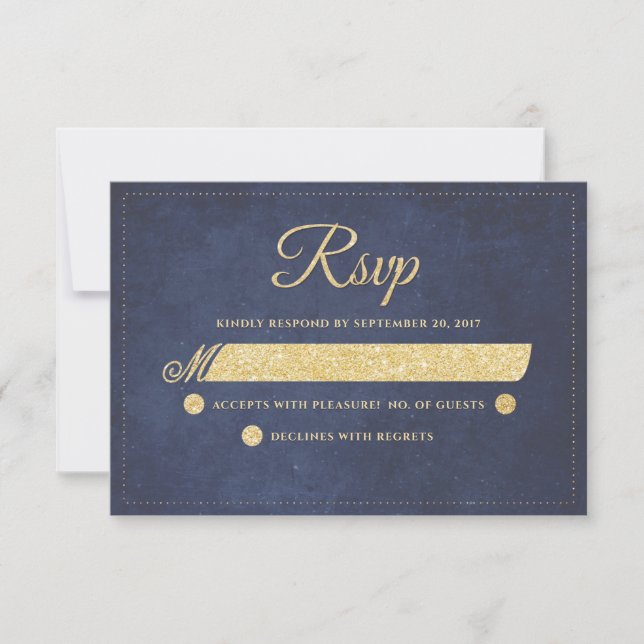 Navy Blue Gold Rustic Chic Wedding RSVP Karte (Vorderseite)