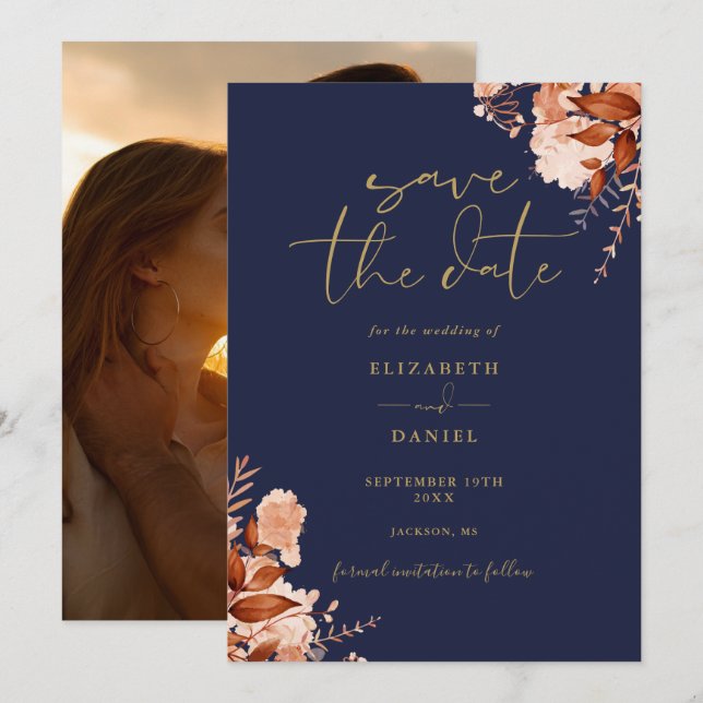 Navy Blue Gold Rustikale Foto Hochzeit im Herbst Save The Date (Vorne/Hinten)